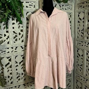 KLEIN KUTE KUTE PINK WITH WHITE STRIPES BUTTON UP LONG SLEEVE SHORTS ROMPER